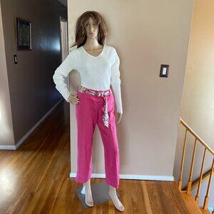 Ann Taylor Loft GORGEOUS Pink Linen ANN Cropped Pants W/Floral Belt NWT